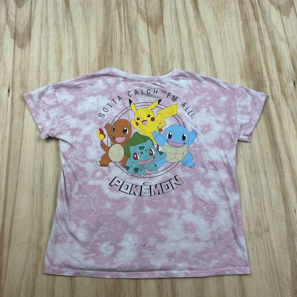 Pokemon Women's Small Pink White Tie Dye Baby Tee Youth XL Cute Graphic T Shirt